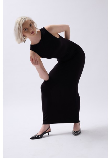 Halter Yaka Maxi Günlük Siyah Elbise