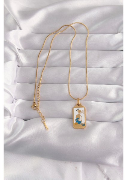 316L Çelik Gold Renk Beyaz Mineli Kız Figür Tarot Kolye fiyatları