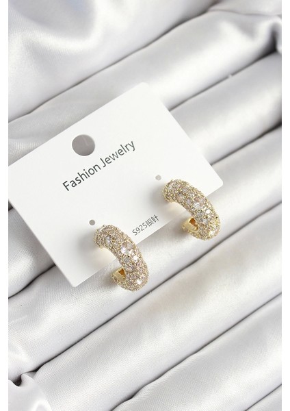 Pirinç Zirkon Taşlı Halka Model Gold Renk Kadın Küpe