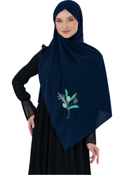 Polyster Lacivert Rengi Şal Filistin Zaytin Dalı Renkli Nakışlı S100040