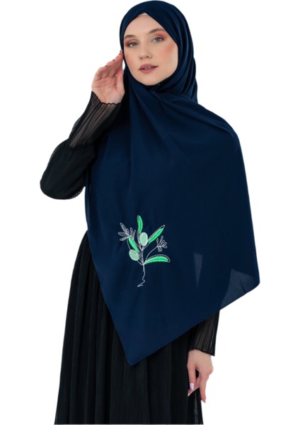 Polyster Lacivert Rengi Şal Filistin Zaytin Dalı Renkli Nakışlı S100040