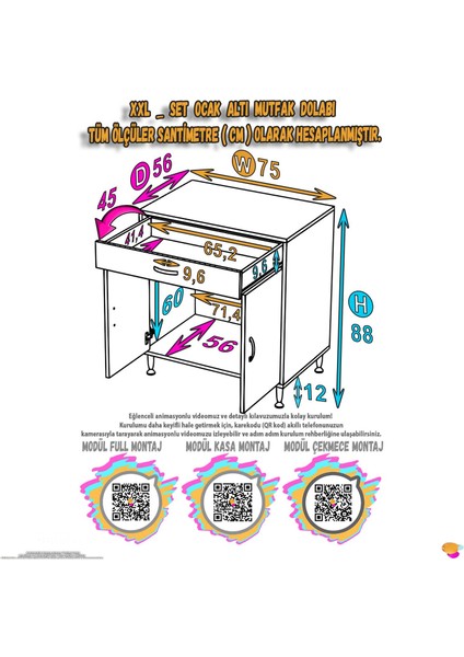 DOQU (XXL) Set Ocak Altı Dolap 75x88x56 cm Çekmeceli, Kapaklı ve 1 Gözlü Tüp Bölmelidir indirimleri