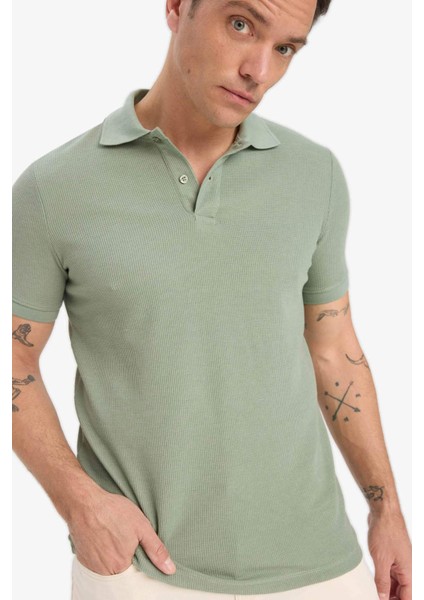 Regular Fit Polo Yaka Kısa Kollu Dokulu Waffle Tişört D7652AX25SP fırsatları