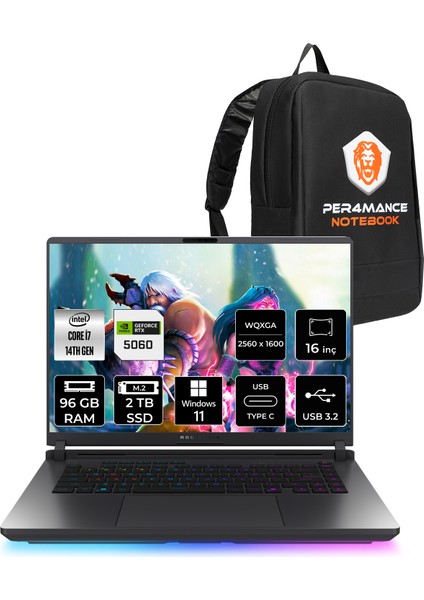Rog Strix G16 Intel Core I7 14650HX 96GB 2tb SSD RTX5060/8GB 16" Qhd+ 240Hz Windows 11 Pro Taşınabilir Bilgisayar & Per4 Çanta G615JMRS5049P419