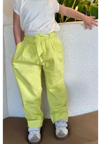 Kız Çocuk Pantalon Beli Lastikli Cepli Kuşaklı 2-6 Yaş, Fıstık Yeşili