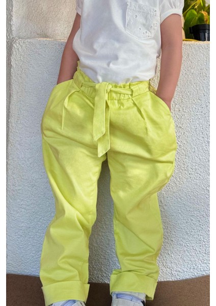 Kız Çocuk Pantalon Beli Lastikli Cepli Kuşaklı 2-6 Yaş, Fıstık Yeşili