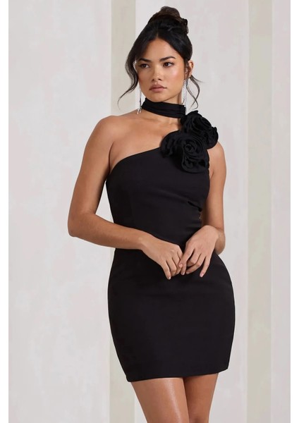 Choker Gül Detaylı Bodycon Mini Abiye Elbise