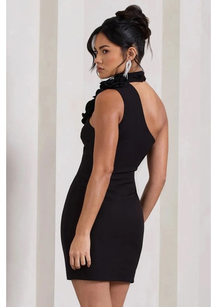 Choker Gül Detaylı Bodycon Mini Abiye Elbise