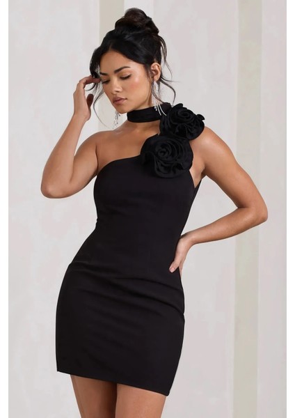 Choker Gül Detaylı Bodycon Mini Abiye Elbise