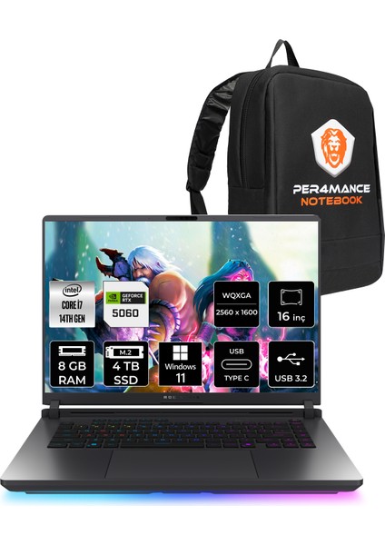 Rog Strix G16 Intel Core I7 14650HX 8gb 4tb SSD RTX5060/8GB 16" Qhd+ 240Hz Windows 11 Pro Taşınabilir Bilgisayar & Per4 Çanta G615JMRS5049P385