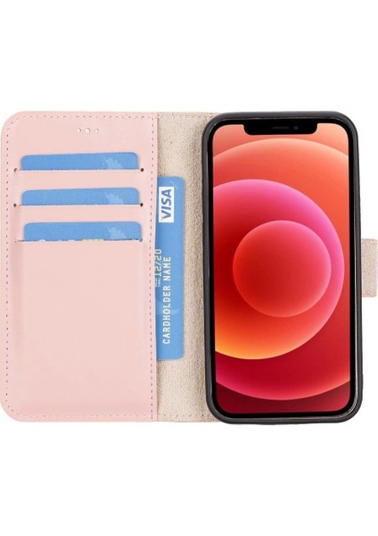 Apple iPhone 12 Mini Uyumlu Deri Cüzdanlı Kılıf Nu2 Pembe