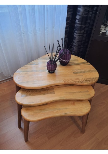 doğal masif ahşap asimetrik üçlü zigon sehpa takımı (3 Lü) fırsatları