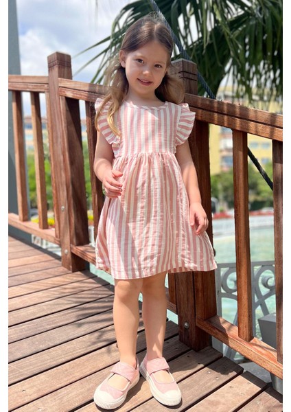 Kız Çocuk Elbise Arkası Düğme Detaylı Kol Kısmı Fırfırlı 3-8 Yaş, Ekru