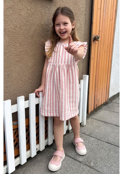 Kız Çocuk Elbise Arkası Düğme Detaylı Kol Kısmı Fırfırlı 3-8 Yaş, Ekru fiyatları