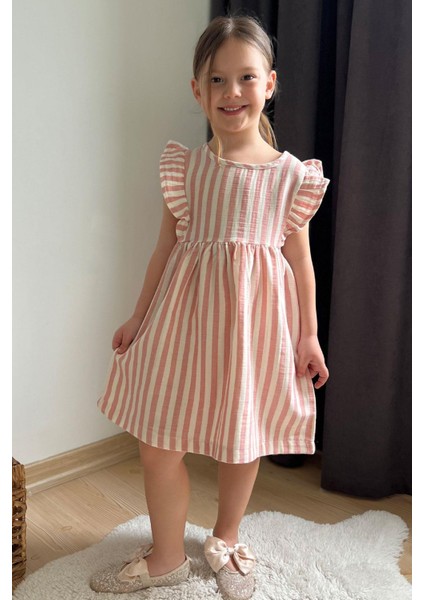 Kız Çocuk Elbise Arkası Düğme Detaylı Kol Kısmı Fırfırlı 3-8 Yaş, Ekru modelleri