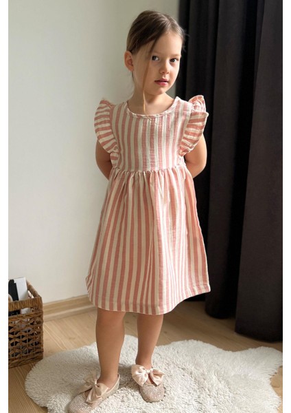 Kız Çocuk Elbise Arkası Düğme Detaylı Kol Kısmı Fırfırlı 3-8 Yaş, Ekru fırsatları