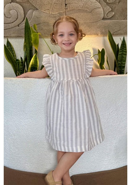 Kız Çocuk Elbise Arkası Düğme Detaylı Kol Kısmı Fırfırlı 3-8 Yaş, Ekru