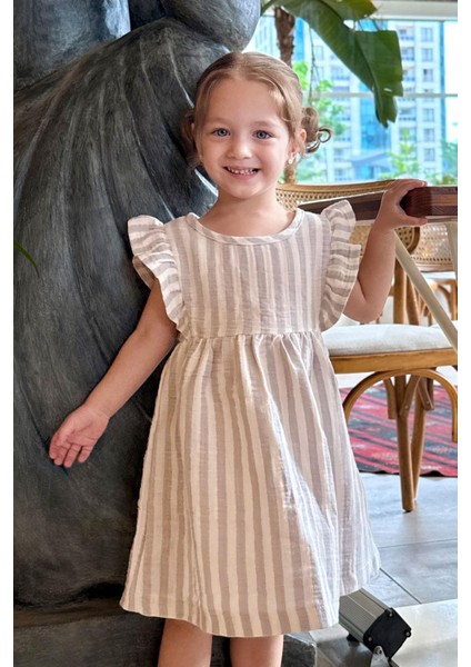 Kız Çocuk Elbise Arkası Düğme Detaylı Kol Kısmı Fırfırlı 3-8 Yaş, Ekru fiyatları
