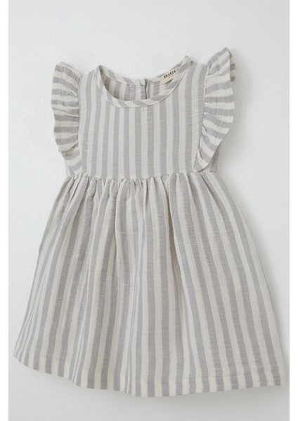 Kız Çocuk Elbise Arkası Düğme Detaylı Kol Kısmı Fırfırlı 3-8 Yaş, Ekru indirimleri