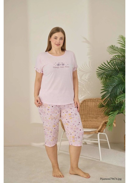 Büyük Beden Açık Pembe Polyviskon Kumaş Pijama Takımı – 7345