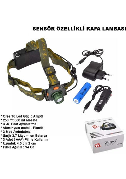 Sensörlü Şarjlı Kafa Lambası Watton WT-318