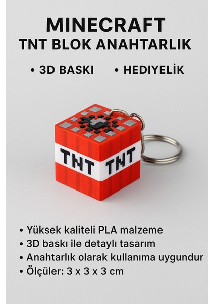 Elite Minecraft Tnt Blok Anahtarlık 3D Baskı El Yapımı Hediyelik 1 Adet