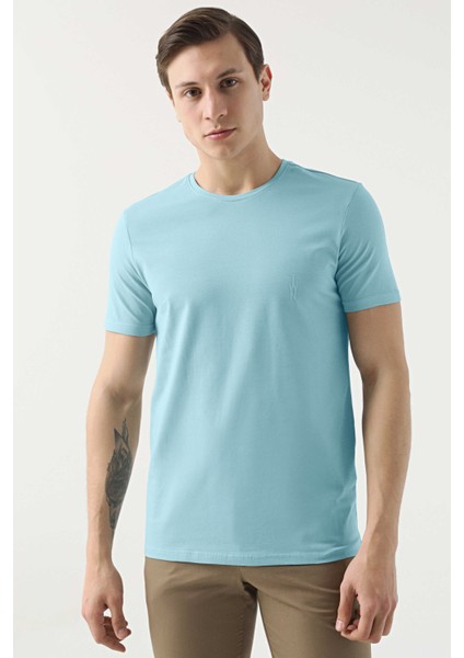 Slim Fit Aqua Düz Kabartma Baskılı T-Shirt