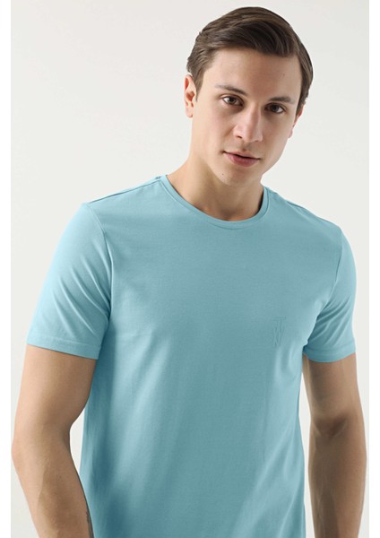 Slim Fit Aqua Düz Kabartma Baskılı T-Shirt fiyatları