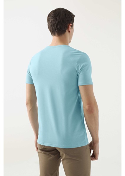 Slim Fit Aqua Düz Kabartma Baskılı T-Shirt fırsatları