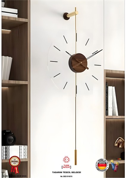 Elite Gravity Ceviz - Gold Büyük Boy (33X85CM ) Modern Metal ve Cam Tasarım Duvar Saati 1 Adet