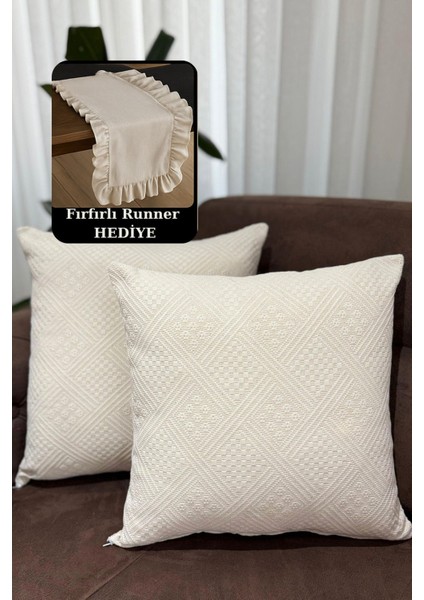 Elite Pamuklu Boho Desen 2'li Kırlent Kılıfı & Fırfırlı Keten Runner Hediyeli 1 Adet