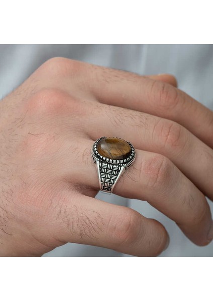 Gümüş Kaplan Gözü Taşlı Örgü Desenli Erkek Yüzük - 25