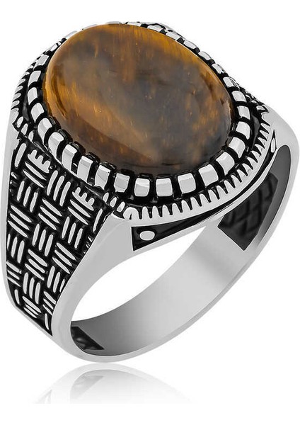 Gümüş Kaplan Gözü Taşlı Örgü Desenli Erkek Yüzük - 25 fiyatları