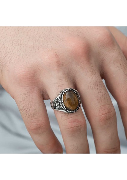 Gümüş Kaplan Gözü Taşlı Örgü Desenli Erkek Yüzük - 25 fırsatları