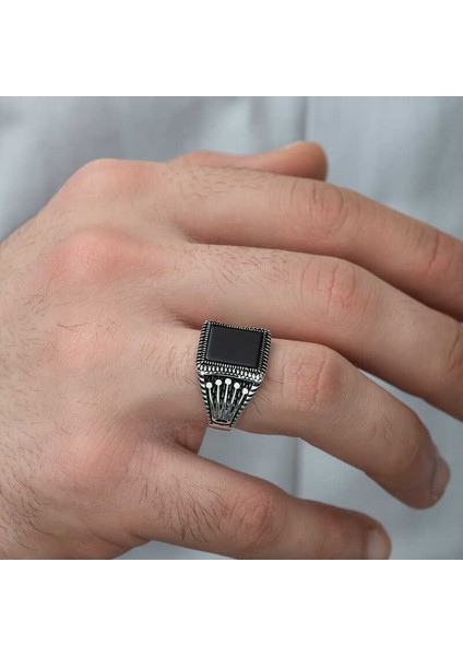 Gümüş Oniks Taşlı Taç Desenli Erkek Yüzük - 20 fiyatları