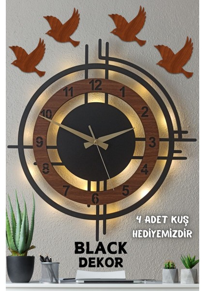 Elite Black Dekor - Ceviz Renkli LED Işıklı Duvar Saati | Modern ve Şık 50 cm Dekoratif Saat 1 Adet