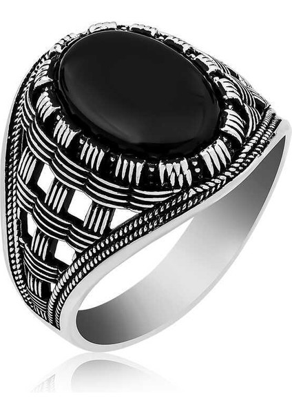 ​gümüş Oniks Taşlı Örgü Desenli Erkek Yüzük - 27