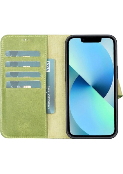 Apple iPhone 13 Uyumlu Deri Cüzdanlı Kılıf Antik Yeşil