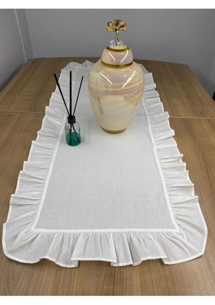 Elite %100 Pamuklu Beyaz Ham Keten Fırfırlı Runner 40X110 cm 1 Adet