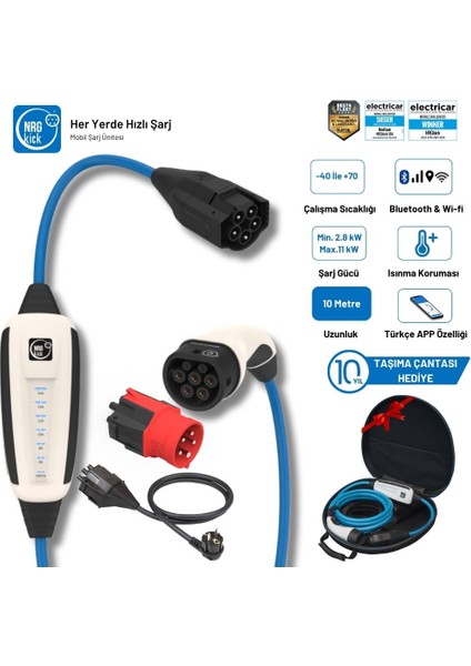Çantalı Standart Plus 16A 11KW 10M Monofaze & Trifaze Ev Prizli Wifi+Bluetooth Ac Mobil Şarj (Wallbox)
