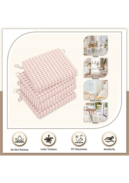 Elite Canvas 4'lü Ekose Sıvı Geçirmez Leke Tutmaz Fermuarlı Bağcıklı Sandalye Minderi Pembe 40 x 40 cm 1 Adet