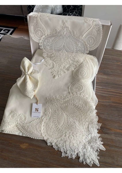 Elite Salkım Masa Örtüsü 12 Kişilik Linen Kumas Krem Sofra Takımı 1 Adet