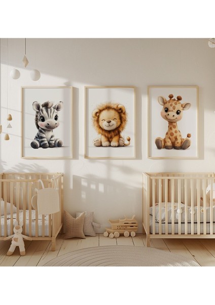 Elite 3'lü Tatlı Safari Hayvan Tasarımlı Çocuk ve Bebek Odası Dekoru,3 Adet Çerçevesiz Poster Seti 1 Adet