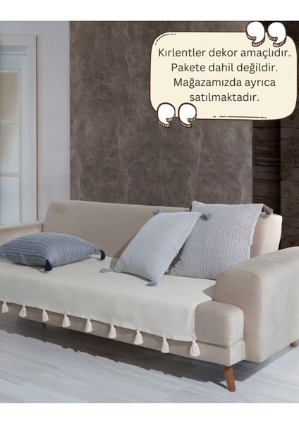 Elite Lavi Ponponlu Ekru Koltuk Örtüsü 115 x 200 cm Kanepe Divan Çekyat Berjer Örtüsü Şalı Püsküllü 1 Adet
