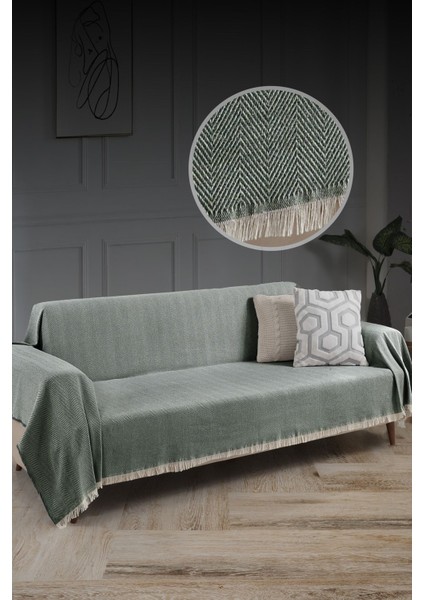 Elite Kolları Kaplayan Saçaklı Koltuk Örtüsü %100 Pamuk | Koltuk Şalı 180X300 cm Yeşil 1 Adet