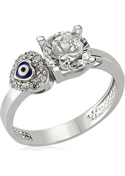 Gümüş Kalp Nazarlı Tek Taş Bayan Yüzük - 16