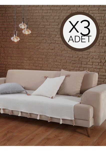Elite Liva Ponponlu Ekru 3 Adet Koltuk Örtüsü 115X200 cm Kanepe Divan Çekyat Berjer Örtüsü Püsküllü 1 Adet