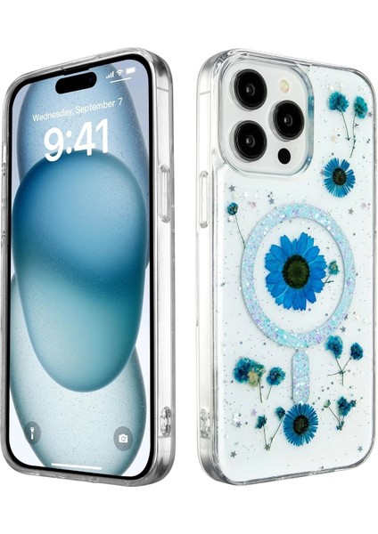 Newface iPhone 15 Pro Kılıf Daisy Simli Magsafe Kapak - Mavi