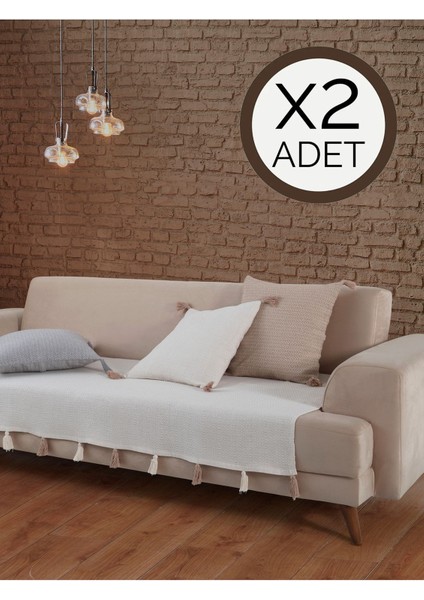 Elite Liva Ponponlu Ekru 2 Adet Koltuk Örtüsü 115X200 cm Kanepe Divan Çekyat Berjer Örtüsü Püsküllü 1 Adet