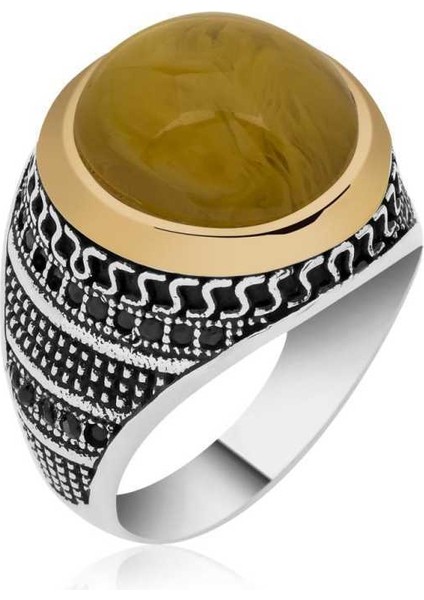 Gümüş Sıkma Kehribar Taşlı Erkek Yüzük